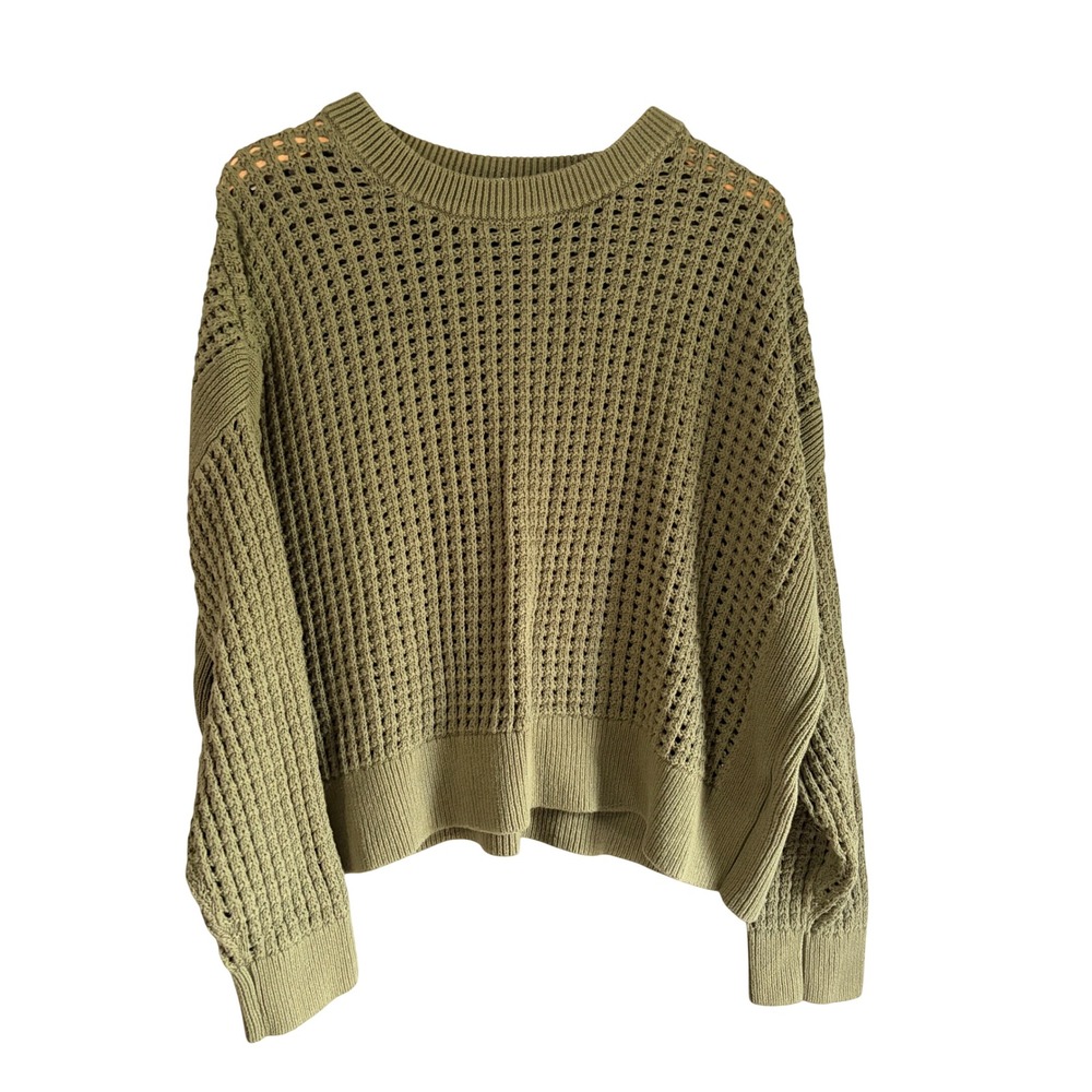 Old Navy Womens 2X Olive Green Open Knit Crewneck Sweater Long Sleeve Pullover